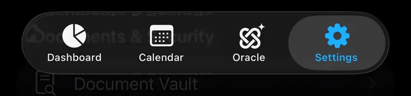 The tab bar at the bottom of the app, with Dashboard, Calendar, Oracle and Settings