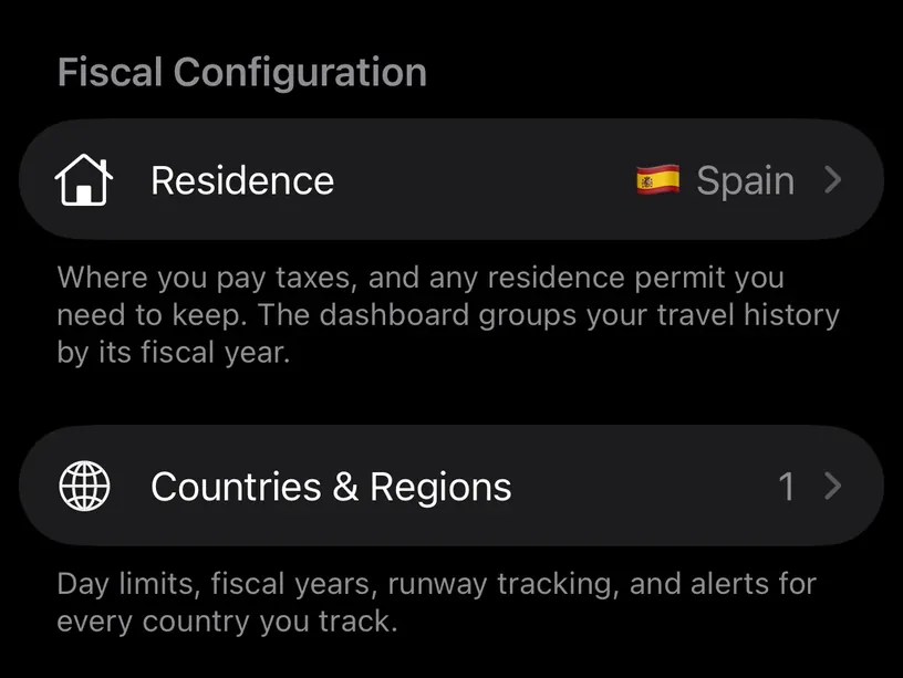 The Fiscal Configuration group in Settings, with Residence set to Spain and Countries & Regions showing one entry