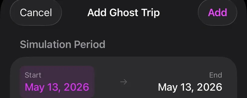 The top of the Add Ghost Trip sheet, with Cancel and Add buttons and a Simulation Period showing a start and end date
