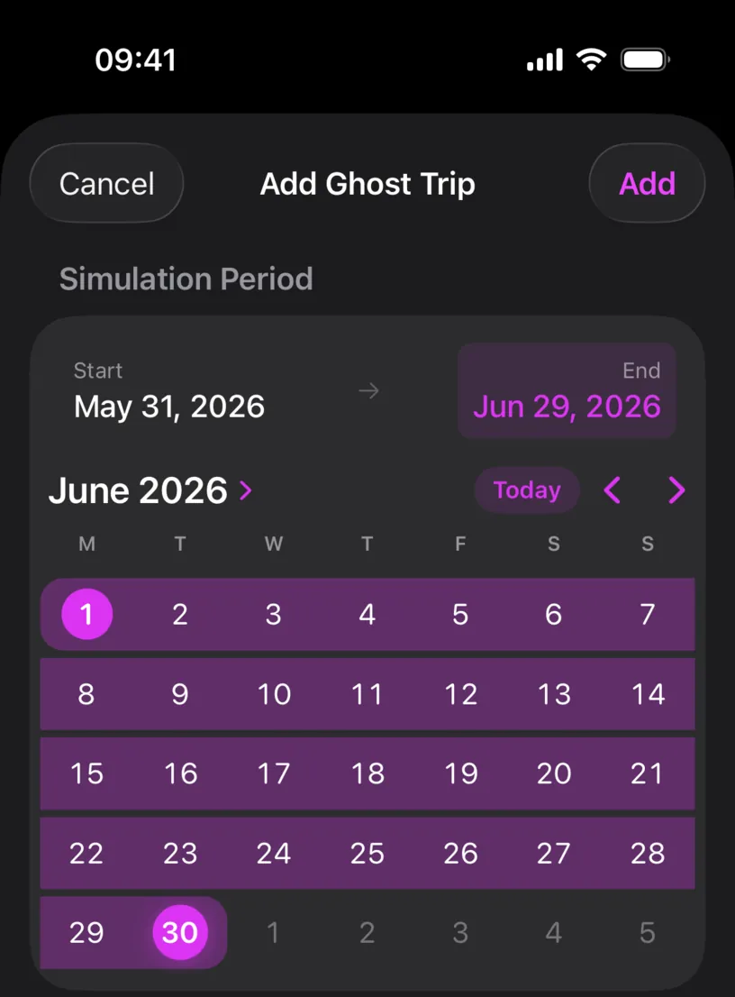 The June 2026 grid in the sheet, with the first and last days marked and the whole month highlighted as the selected range