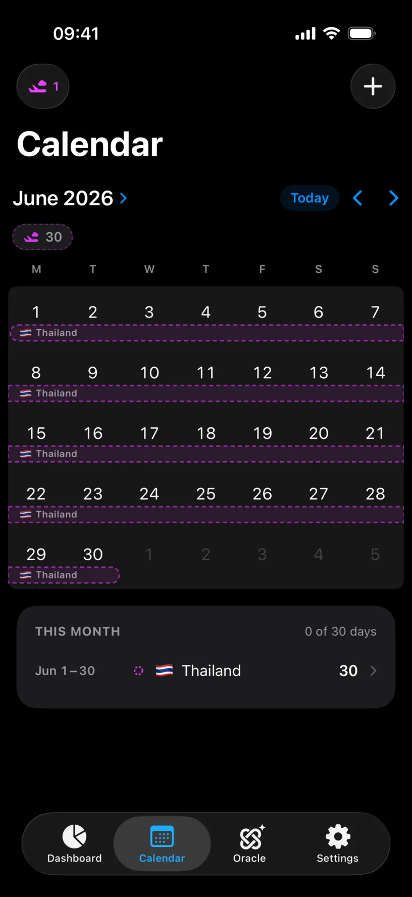 The June 2026 calendar with every day outlined as a Thailand ghost trip, a chip counting 30 ghost trip days, and a THIS MONTH row reading 0 of 30 days