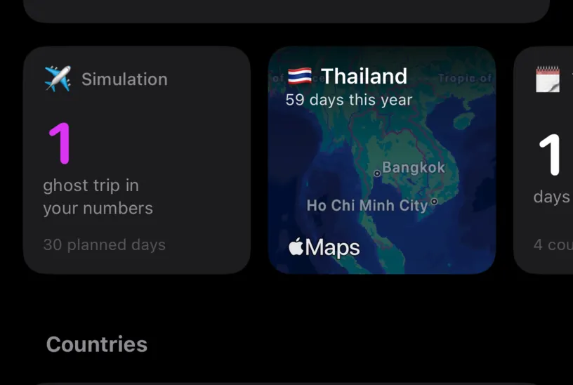 The widget strip with a Simulation tile counting one ghost trip and 30 planned days
