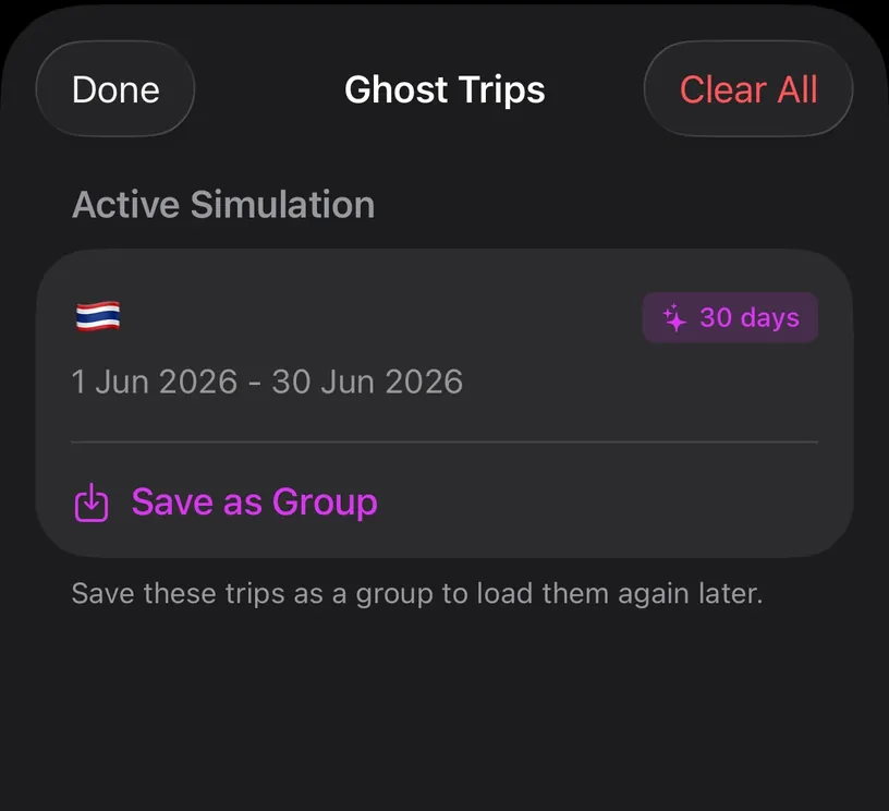 The Ghost Trips sheet, listing the active simulation with its dates and day count, above a Save as Group button