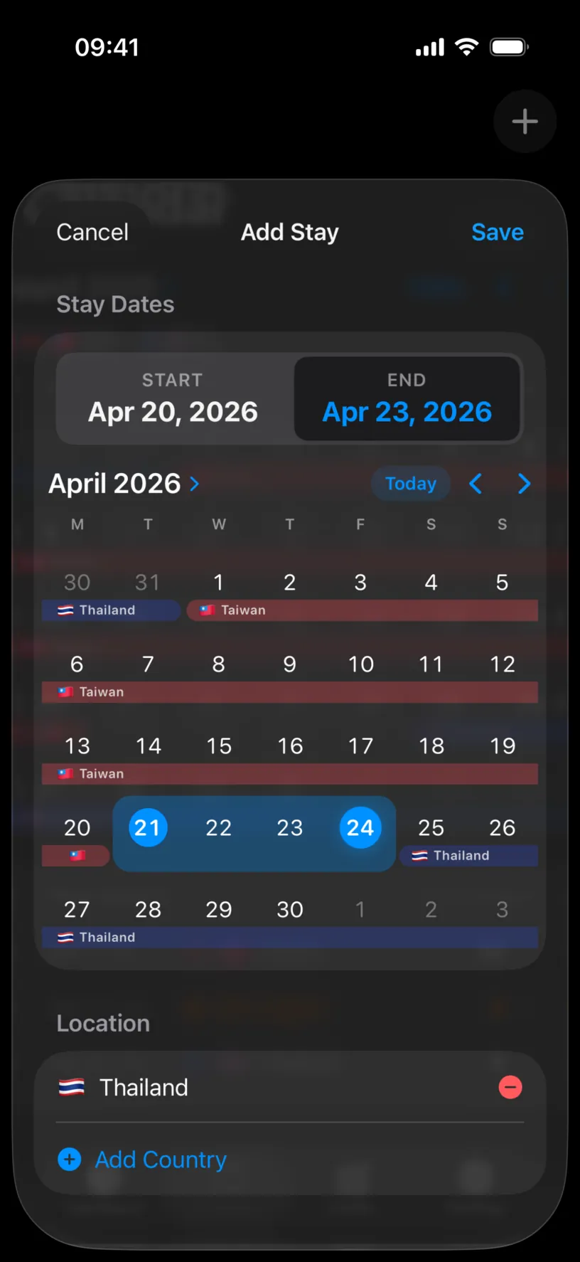 The Add Stay sheet on April 2026, with 21 to 24 highlighted as a range in the grid