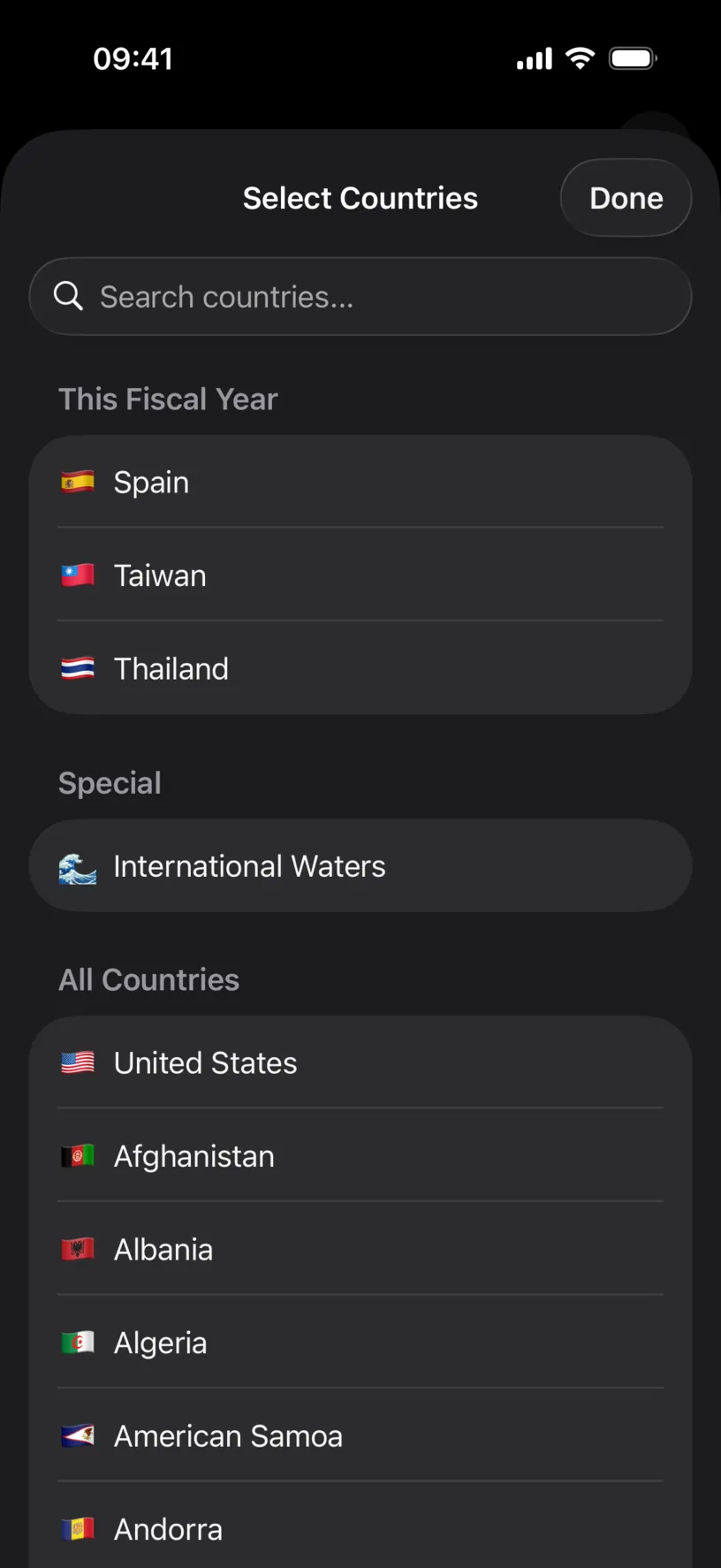 The Select Countries sheet, with a search field above a This Fiscal Year group holding Spain, Taiwan and Thailand, then Special and All Countries