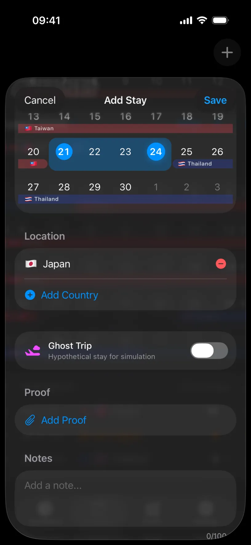 The bottom of the Add Stay sheet, with the Ghost Trip switch off, an Add Proof button and an empty note field
