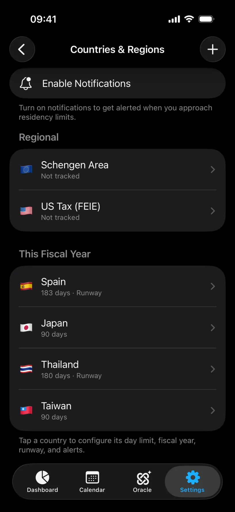The Countries & Regions screen with an Enable Notifications button above the Regional section