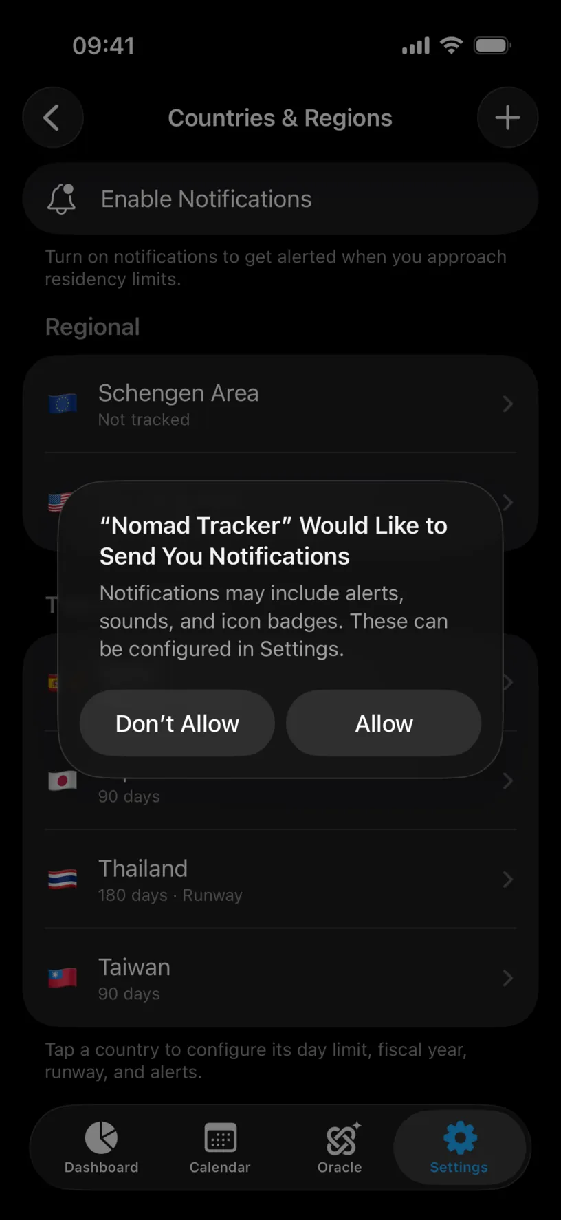 The iOS notification permission dialog for Nomad Tracker, offering Don’t Allow and Allow