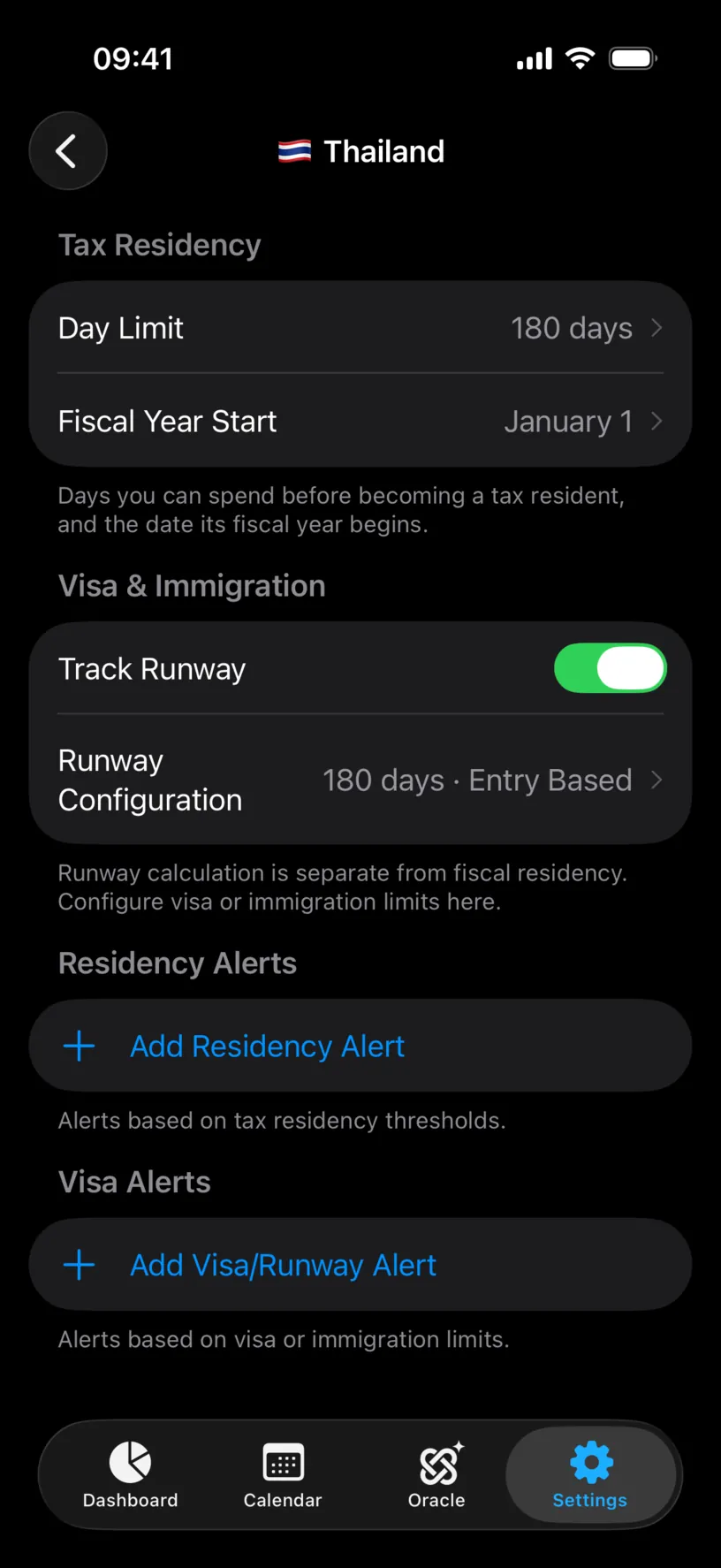 The Thailand settings screen with Day Limit 180 days, Track Runway on, and empty Residency Alerts and Visa Alerts sections