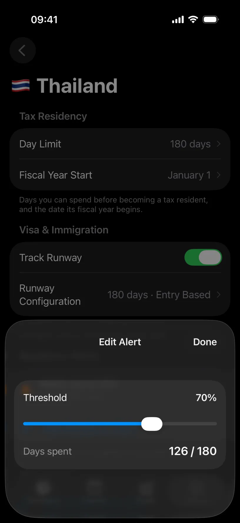 The Edit Alert sheet with the threshold slider at 70% and Days spent reading 126 of 180