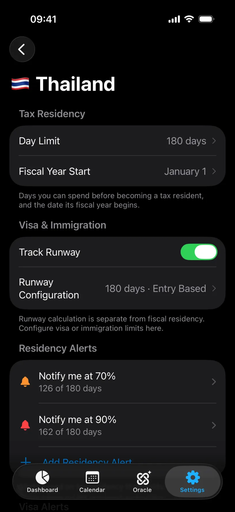 The Thailand settings screen with two residency alerts, an orange bell at 70% reading 126 of 180 days and a red bell at 90% reading 162 of 180