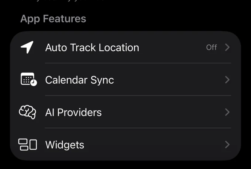 The App Features group in Settings, with an Auto Track Location row reading Off
