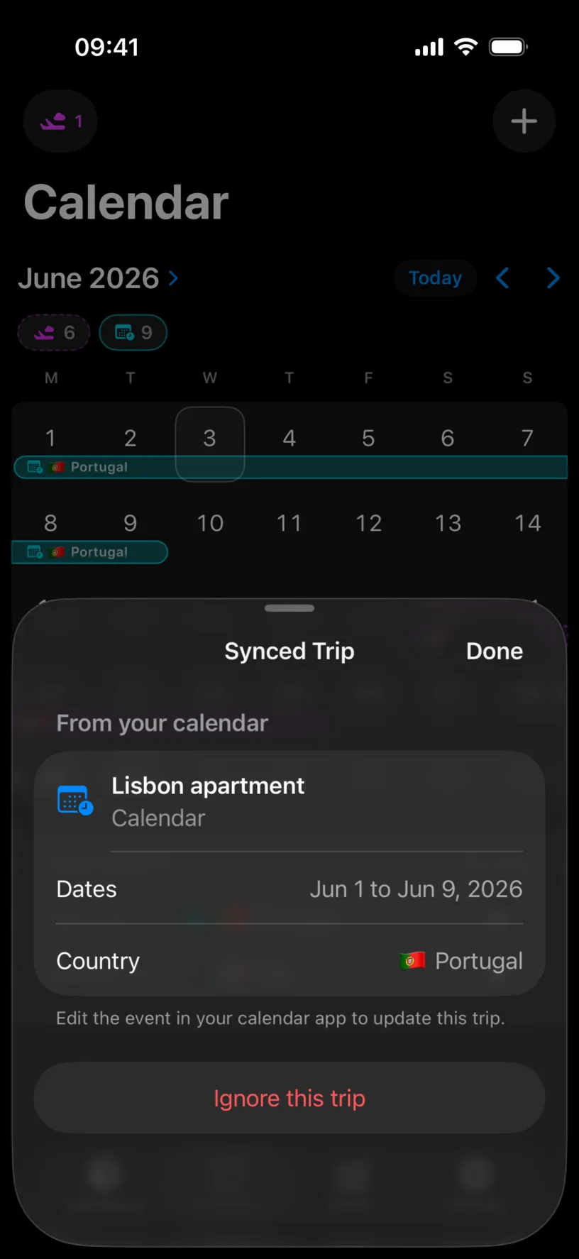 The Synced Trip sheet reading From your calendar, Lisbon apartment from the Calendar list, Dates Jun 1 to Jun 9 2026, Country Portugal, a footer saying to edit the event in your calendar app, and an Ignore this trip button