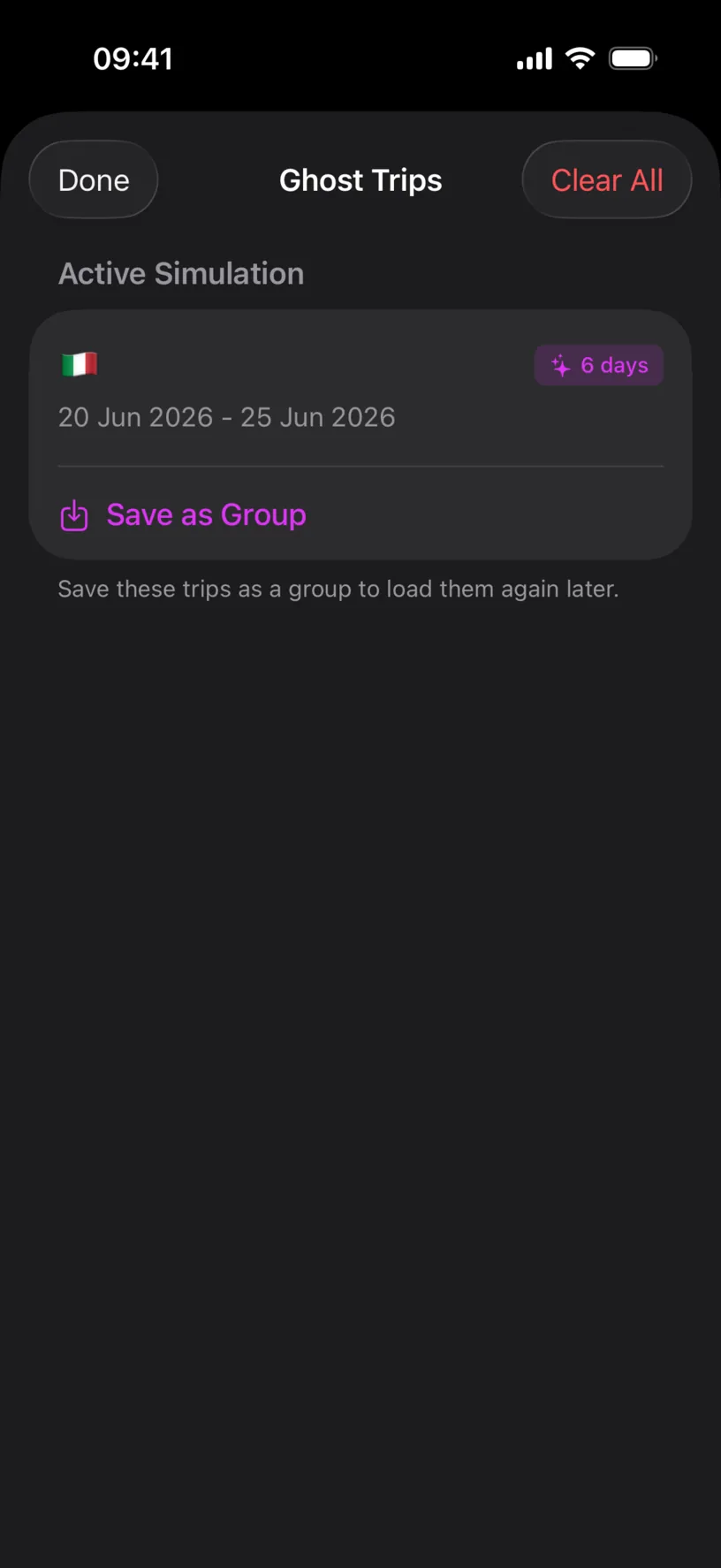 The Ghost Trips sheet with an Active Simulation holding a 6 day Italy trip from 20 Jun 2026 to 25 Jun 2026, above a Save as Group button