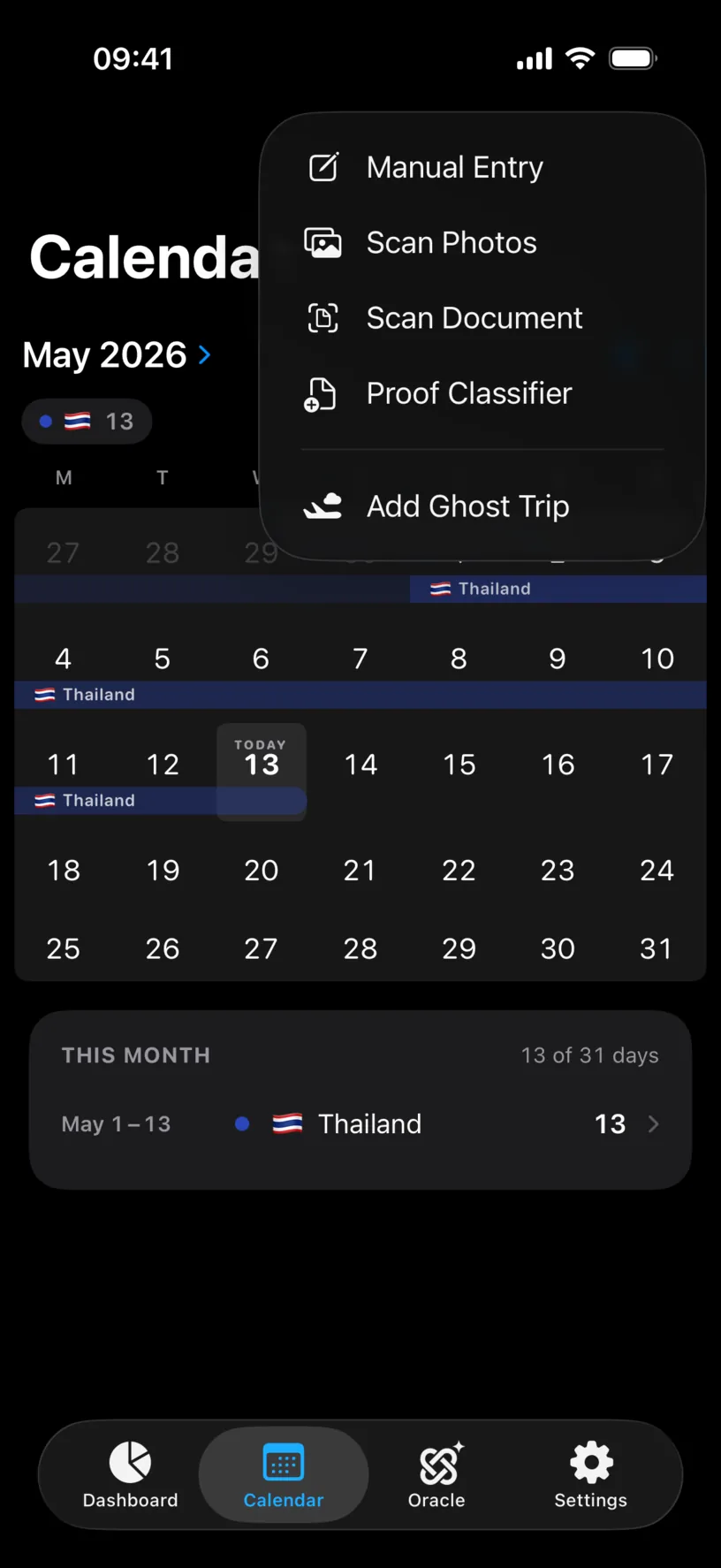 The Calendar tab with the plus menu open, listing Manual Entry, Scan Photos, Scan Document, Proof Classifier and Add Ghost Trip