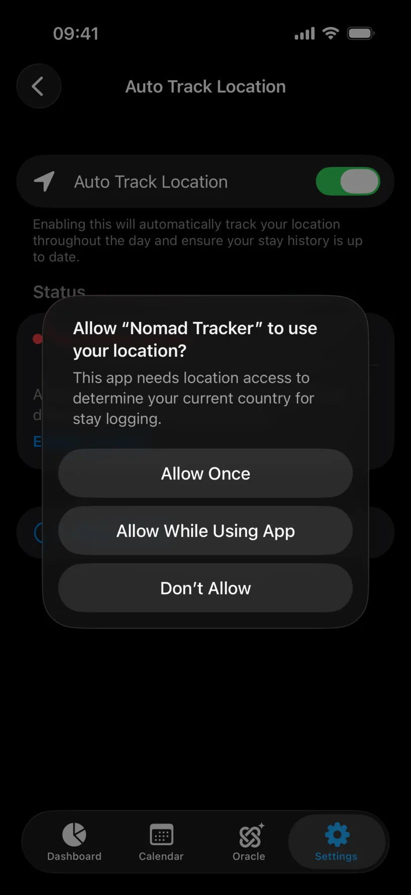 The iOS location dialog for Nomad Tracker, offering Allow Once, Allow While Using App and Don’t Allow