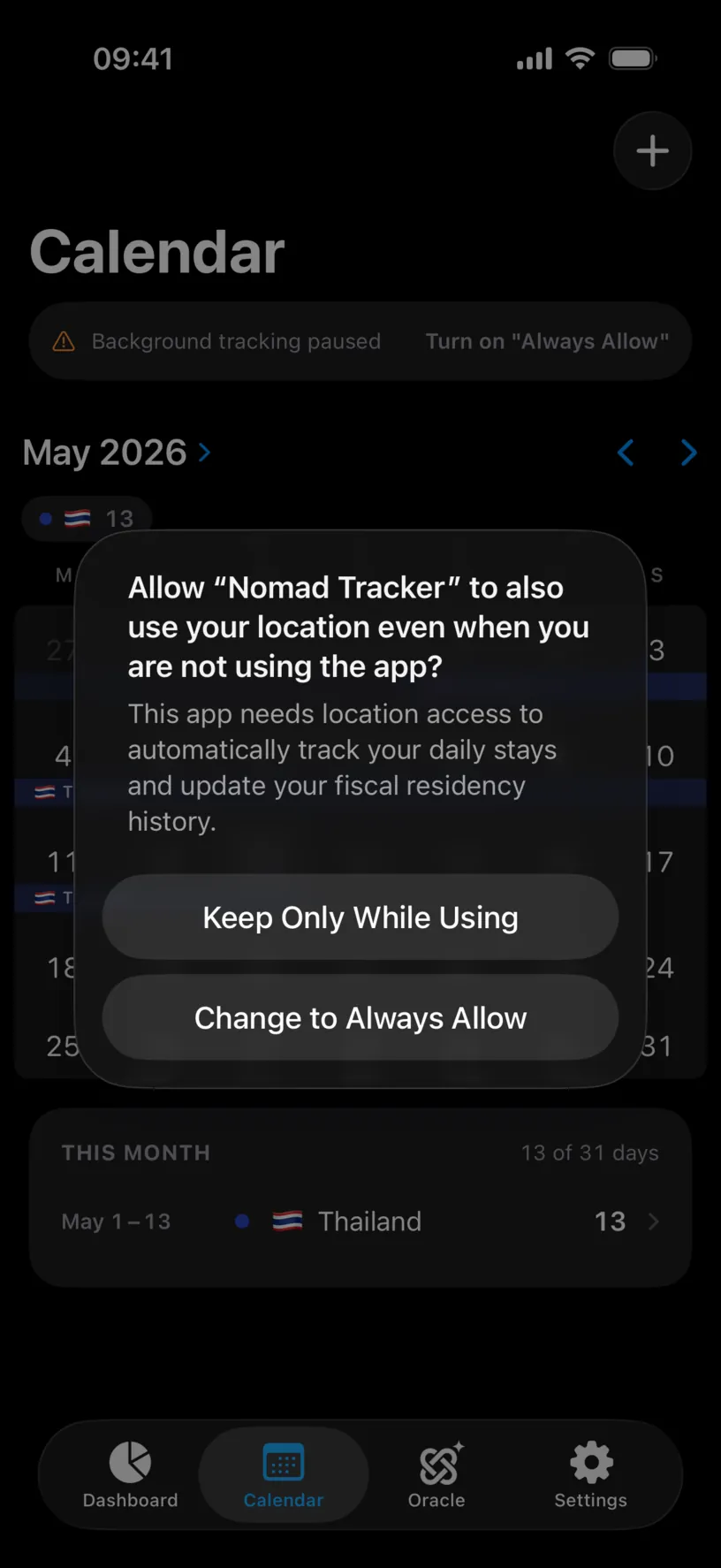 The second iOS dialog, asking whether Nomad Tracker can use your location even when you are not using the app, with Keep Only While Using and Change to Always Allow