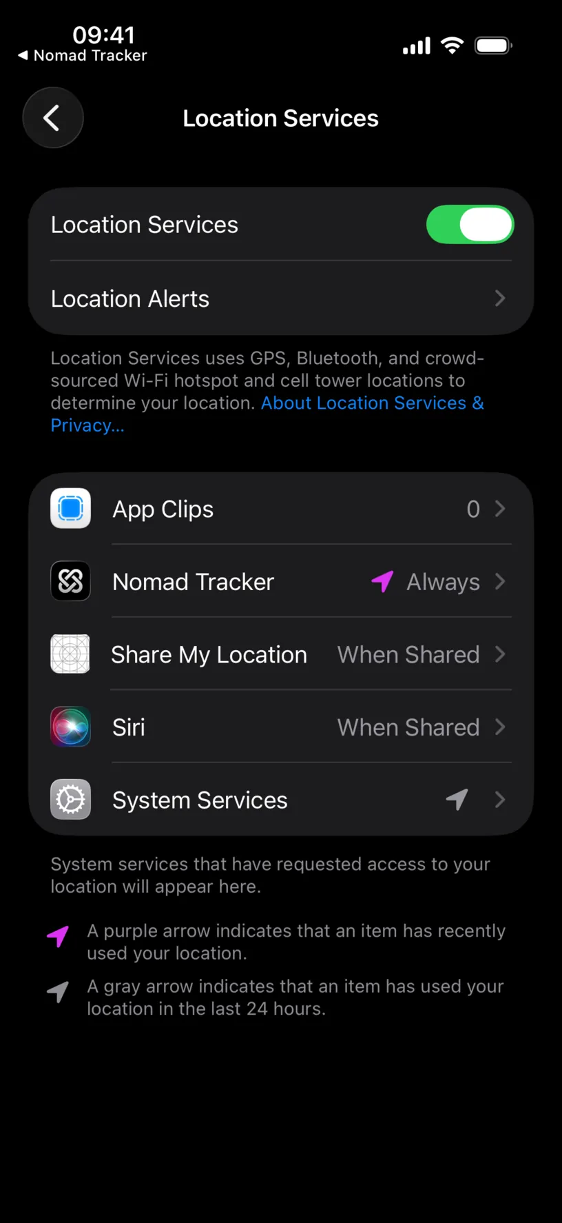 The iOS Location Services list, with a master switch on and Nomad Tracker set to Always