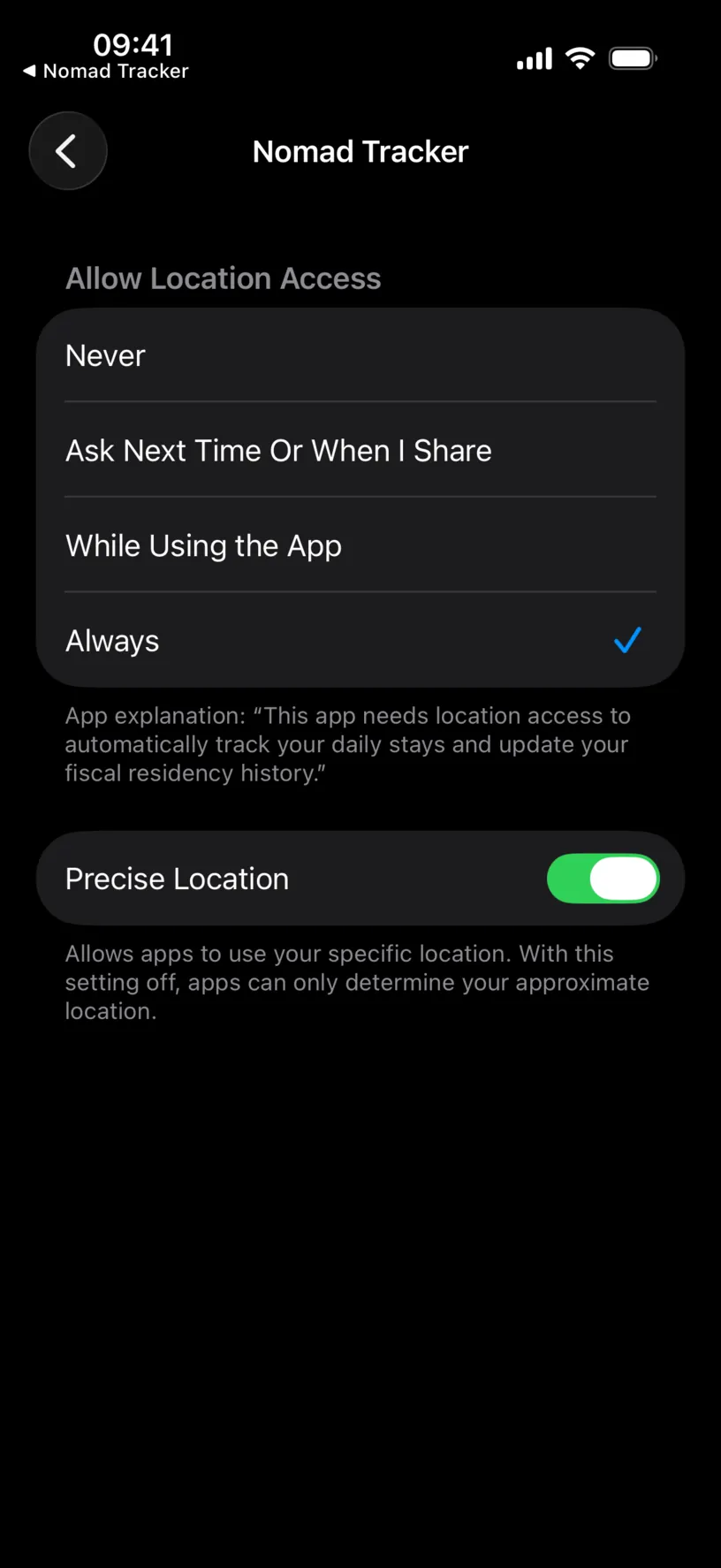 The Nomad Tracker location screen in iOS Settings, with Never, Ask Next Time Or When I Share, While Using the App and Always, plus a Precise Location switch