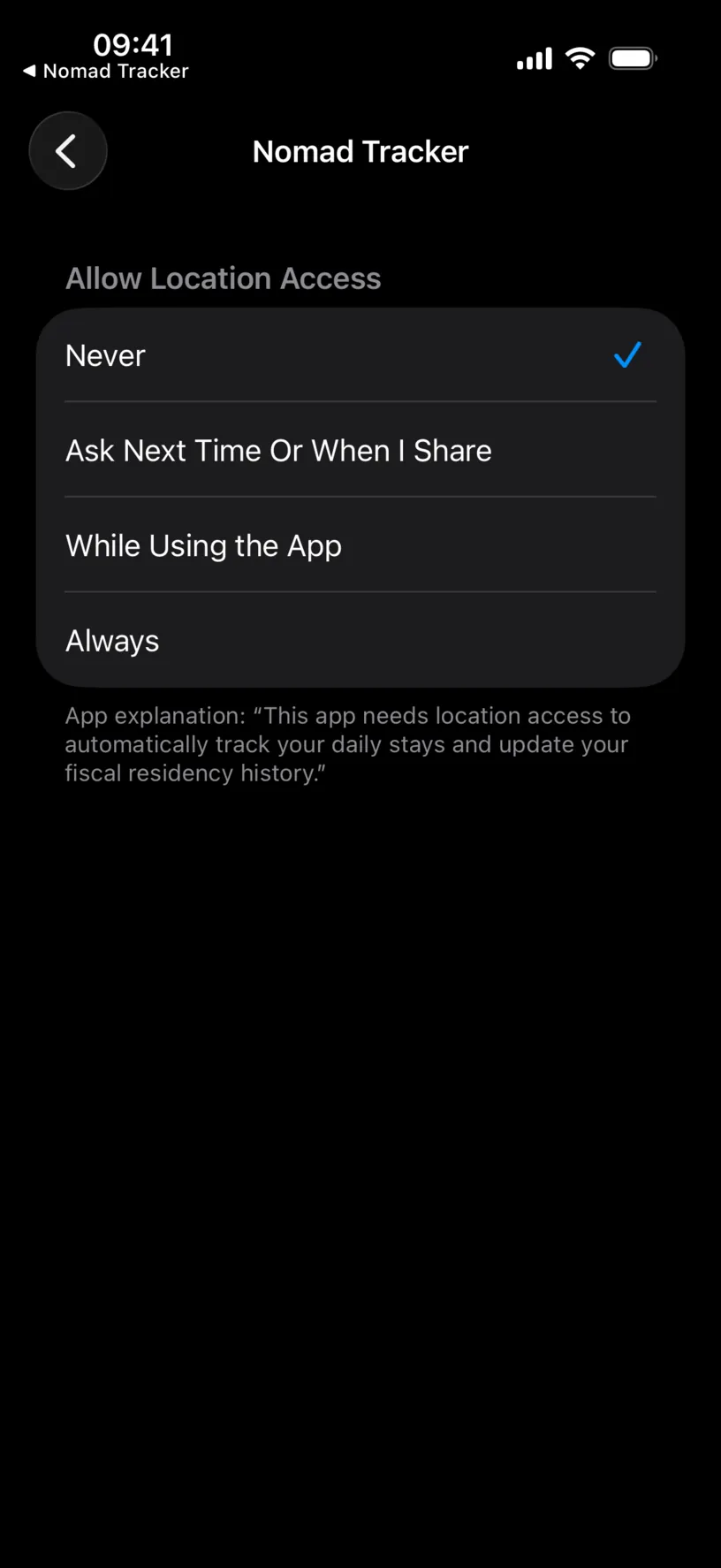 The Nomad Tracker location screen with Never selected and no Precise Location switch