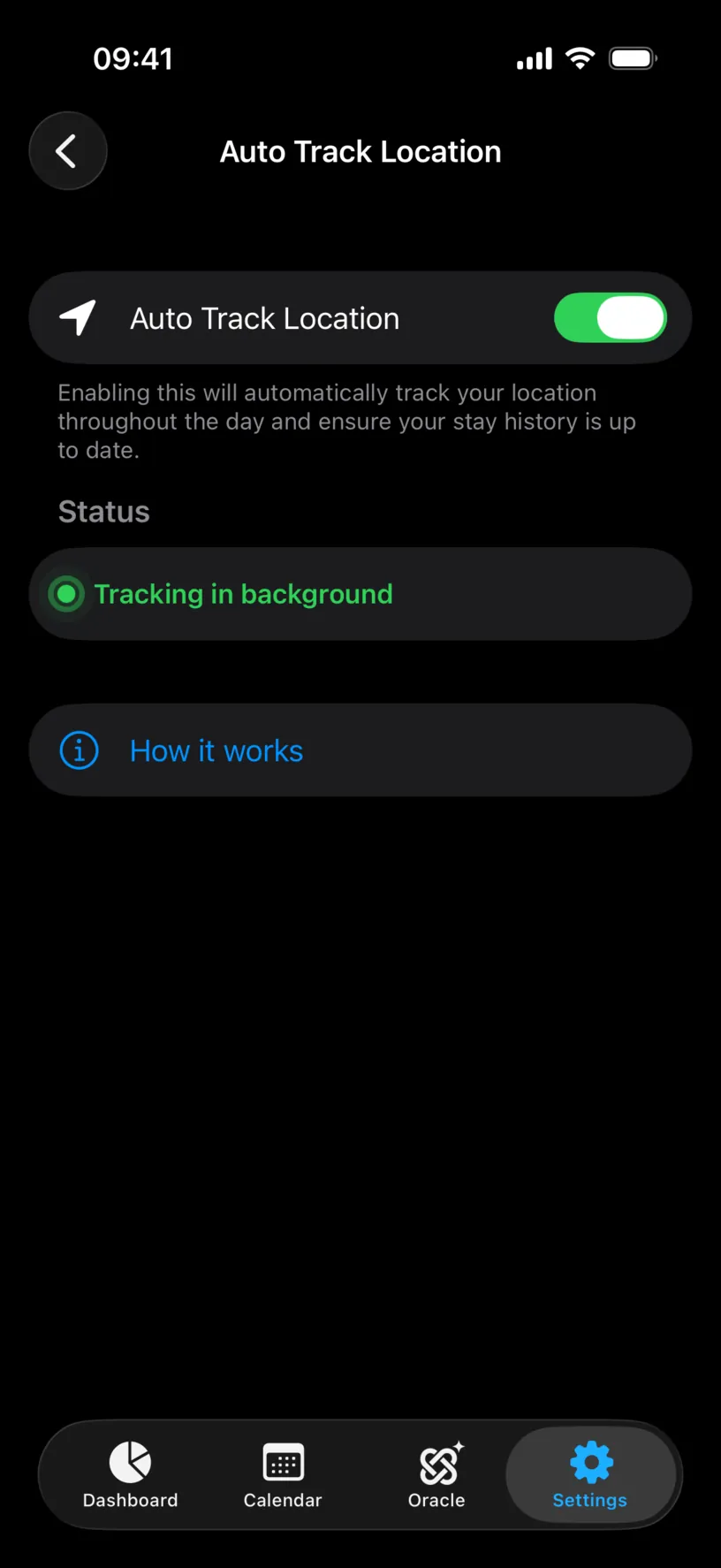 The Auto Track Location screen with the switch on and a Status section reading Tracking in background with a green dot