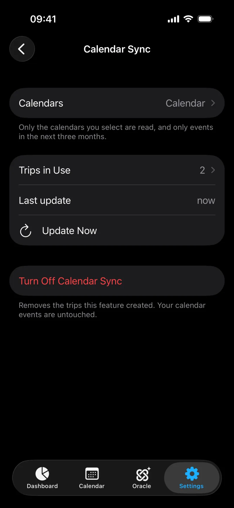The Calendar Sync screen with a Calendars row reading Calendar, a Trips in Use row reading 2, a Last update row reading now, an Update Now button and a red Turn Off Calendar Sync button