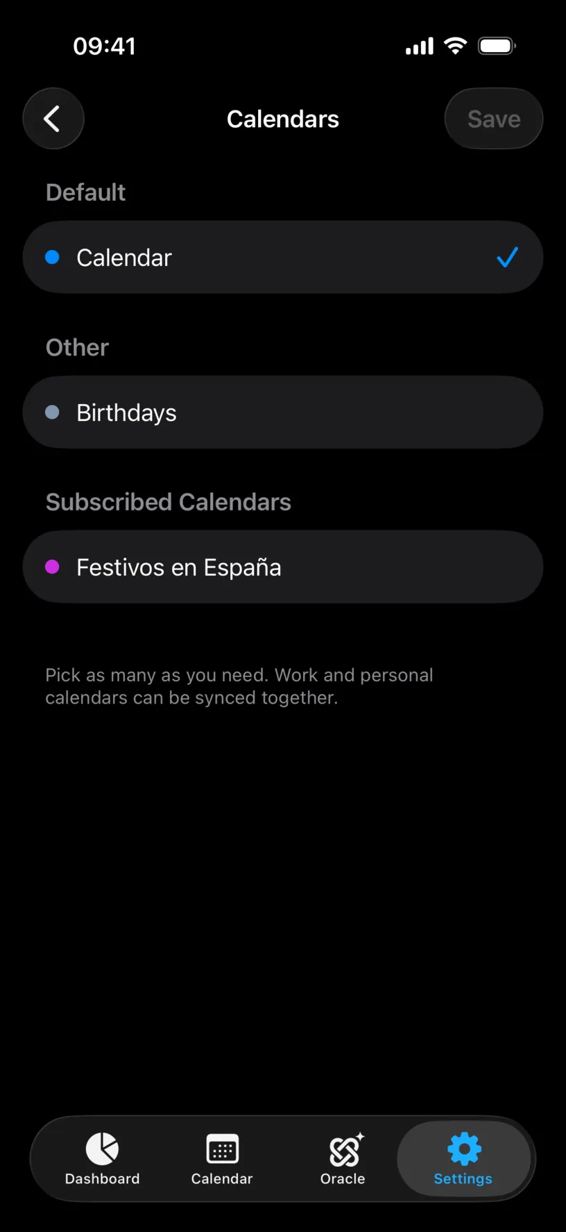The Calendars screen with sections for Default holding Calendar with a checkmark, Other holding Birthdays, and Subscribed Calendars holding a holidays calendar, above a footer about picking as many as you need