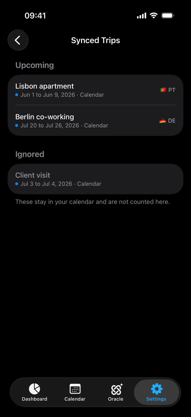 The Synced Trips screen with an Upcoming section holding Lisbon apartment from Jun 1 to Jun 9 2026 tagged PT and Berlin co-working from Jul 20 to Jul 26 2026 tagged DE, and an Ignored section holding Client visit
