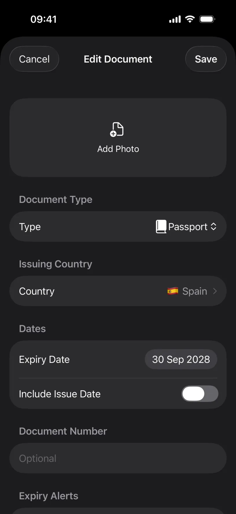 The Edit Document sheet, with Add Photo, the Type row on Passport and the Issuing Country row on Spain