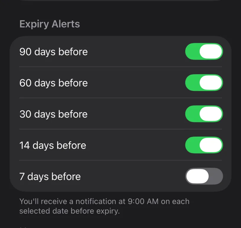 The Expiry Alerts section with 90, 60, 30 and 14 days before switched on and 7 days before off