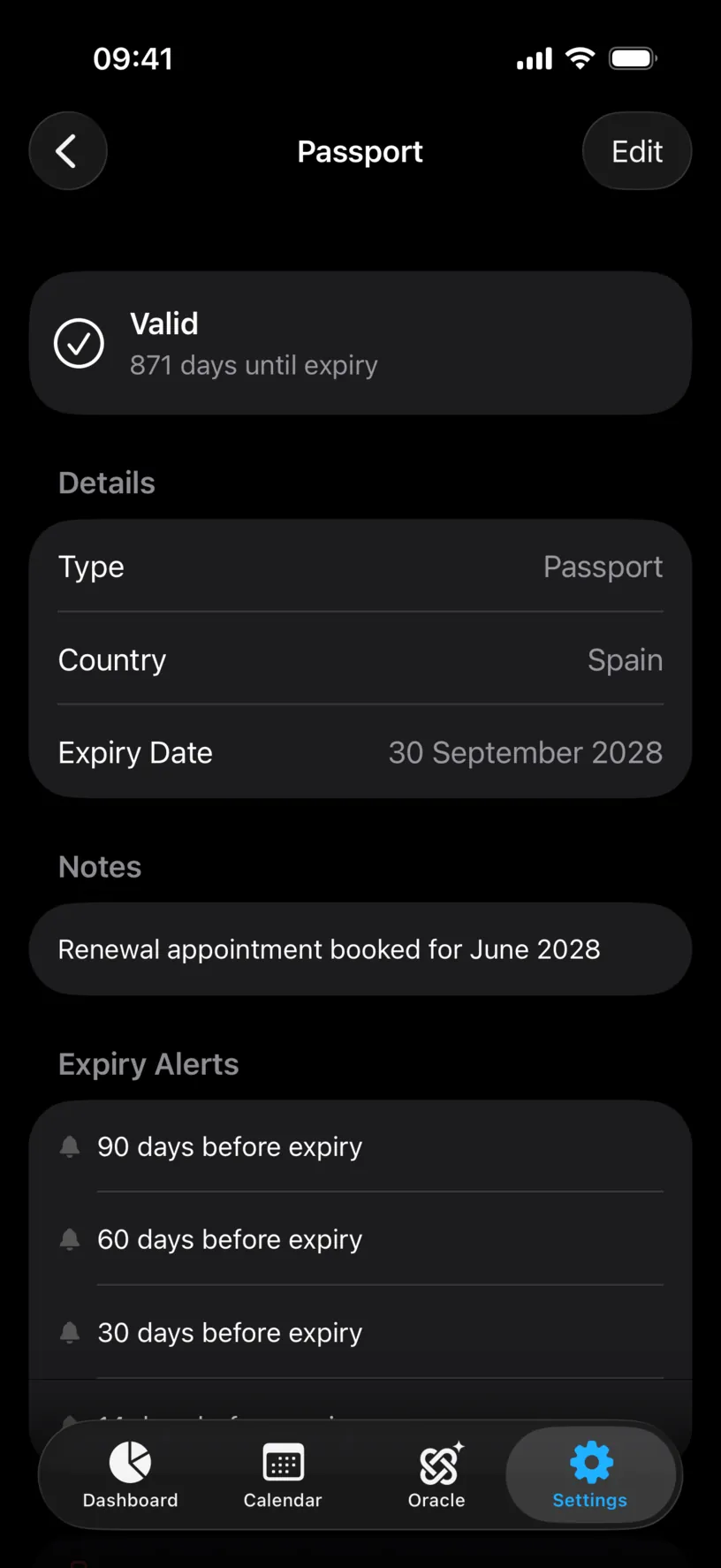 The passport detail screen with a Notes section reading Renewal appointment booked for June 2028 and four expiry alerts listed