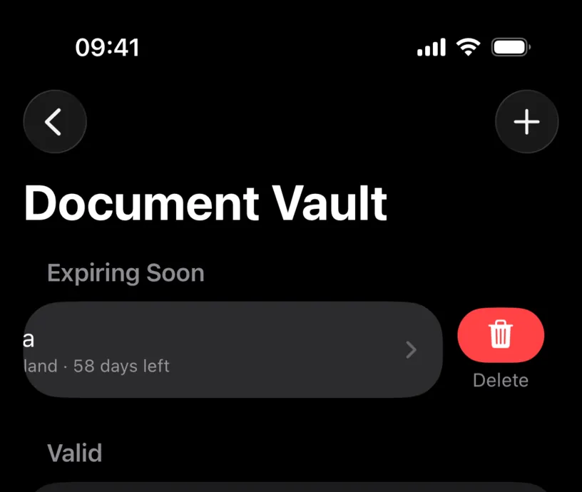 A vault row swiped left, revealing a red Delete button
