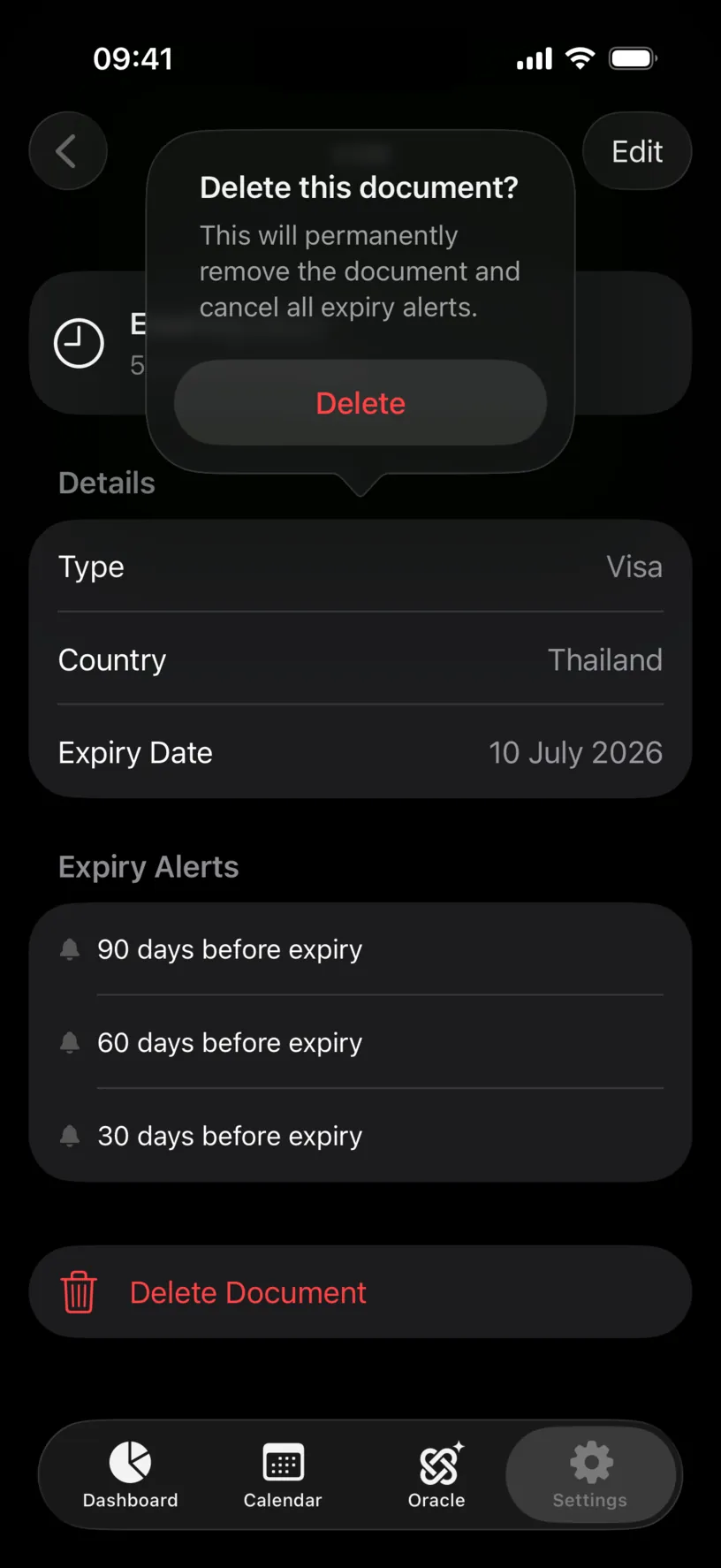 The confirmation dialog asking Delete this document, warning that it permanently removes the document and cancels all expiry alerts