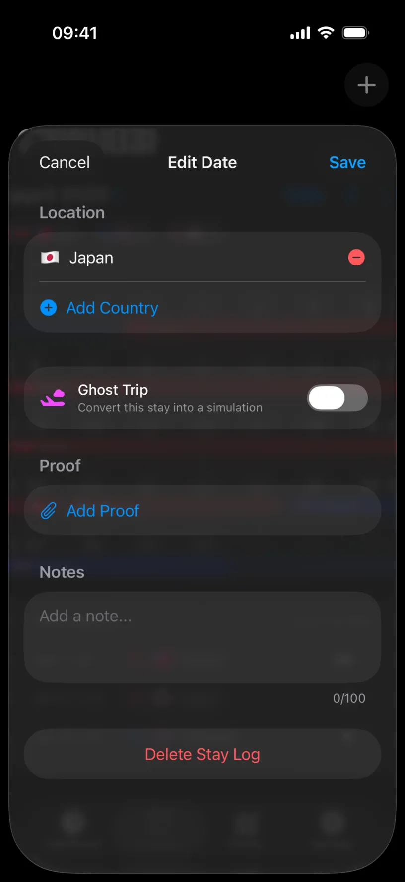 The Edit Date sheet for a single day, with Japan under Location and an Add Country button below it