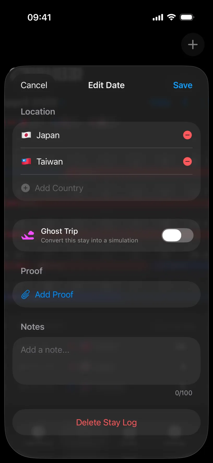 The Edit Date sheet with both Japan and Taiwan under Location and the Add Country button dimmed