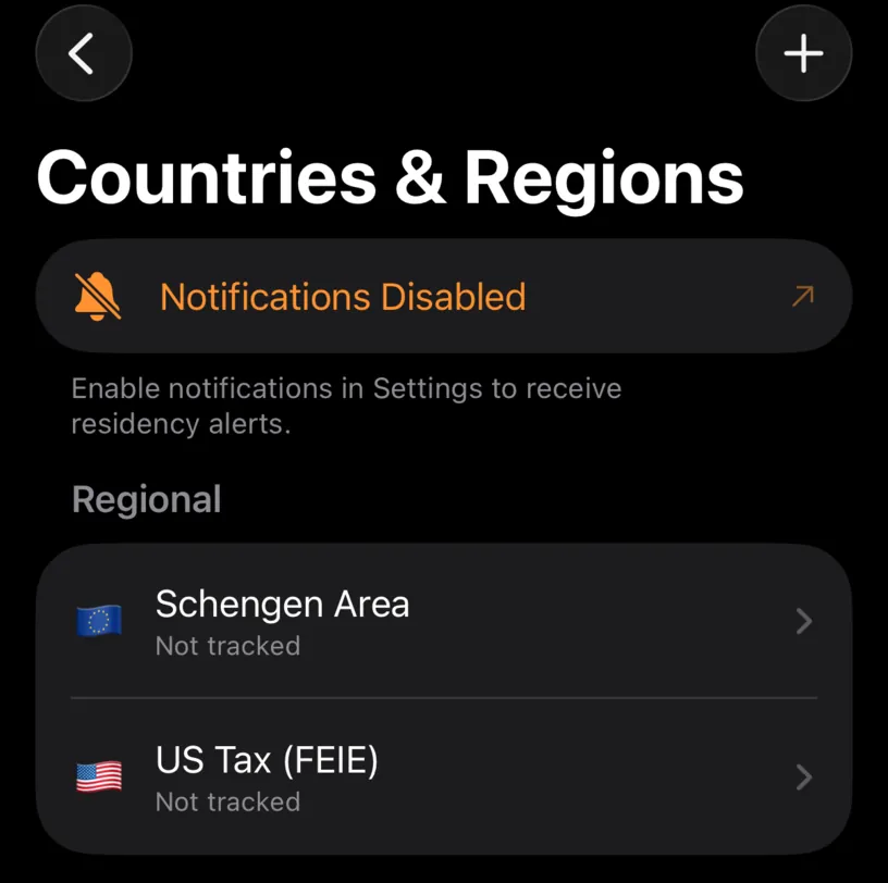 An orange Notifications Disabled row at the top of Countries and Regions, with a footer pointing to Settings