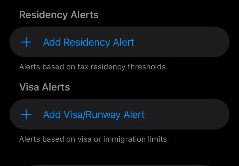The Residency Alerts and Visa Alerts sections of a country, both empty, showing only Add Residency Alert and Add Visa/Runway Alert