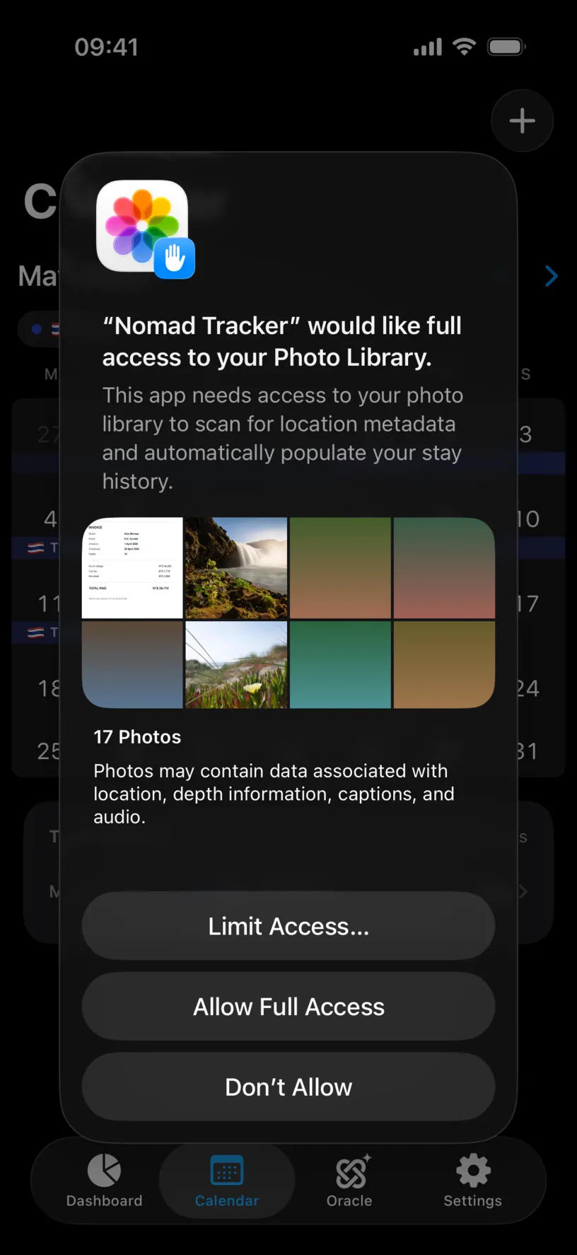 The iOS photo access dialog offering Limit Access, Allow Full Access and Don’t Allow, above a note that photos may contain location data