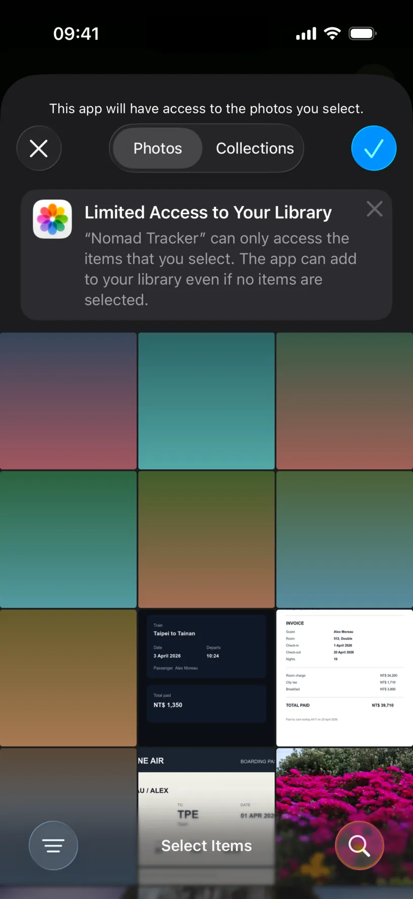 The iOS limited access picker, with a banner reading Limited Access to Your Library over a grid of photos