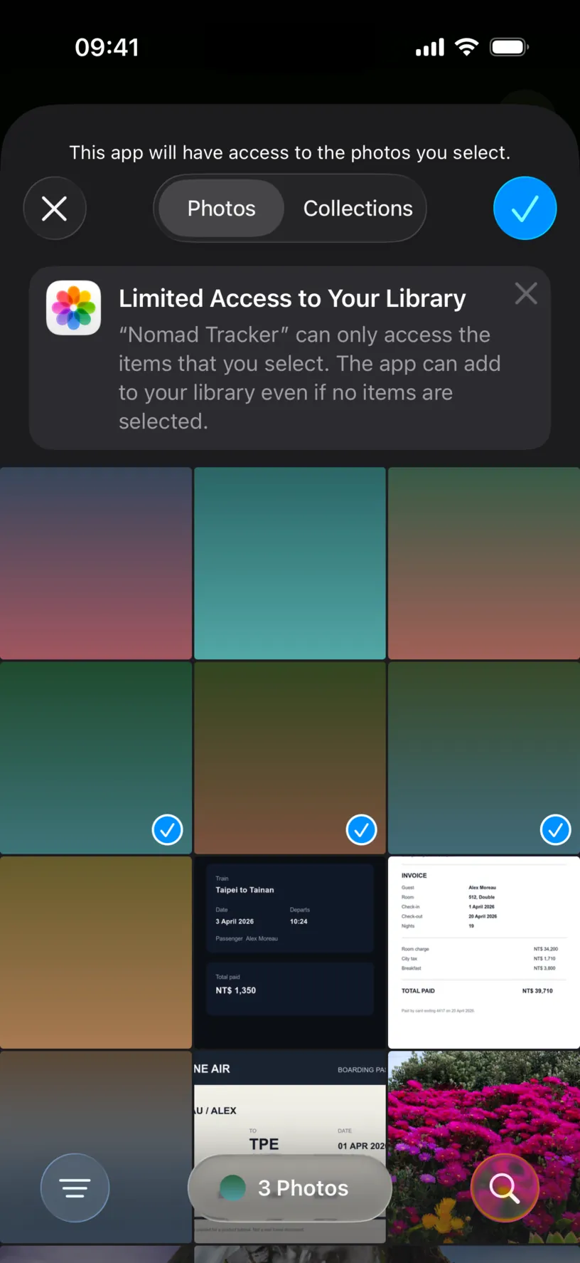 Three photos selected in the limited access picker, with a pill at the bottom reading 3 Photos
