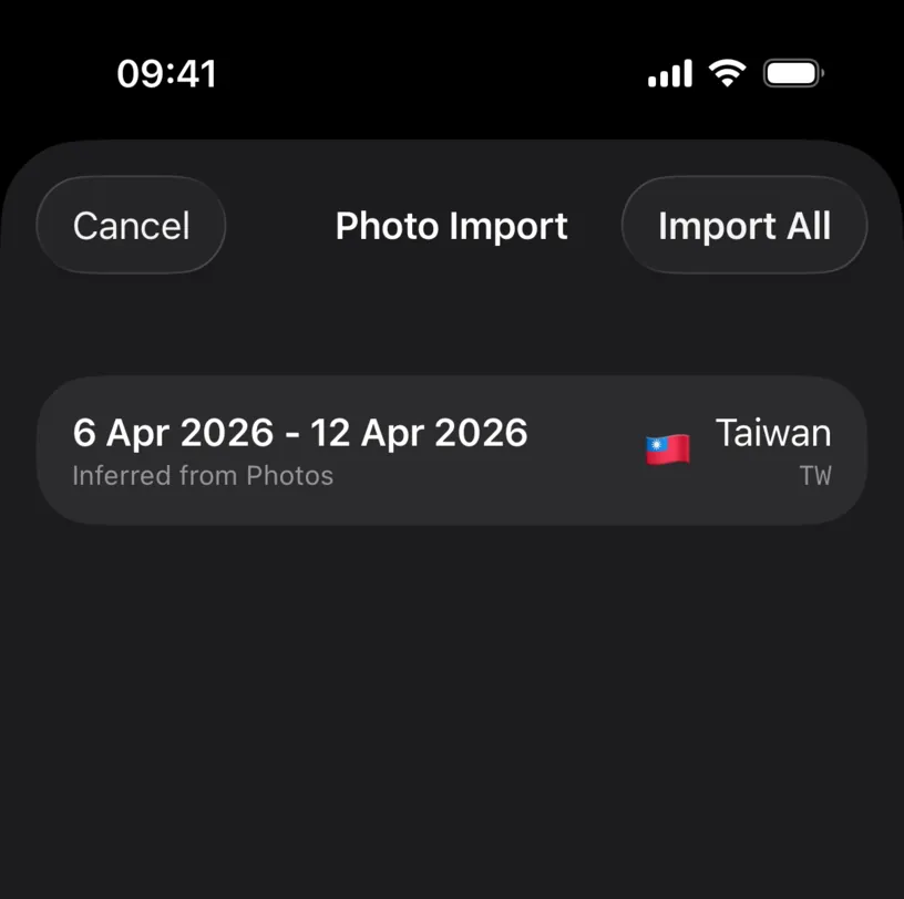 The Photo Import review screen with a single row, 6 Apr 2026 to 12 Apr 2026, Inferred from Photos, Taiwan TW