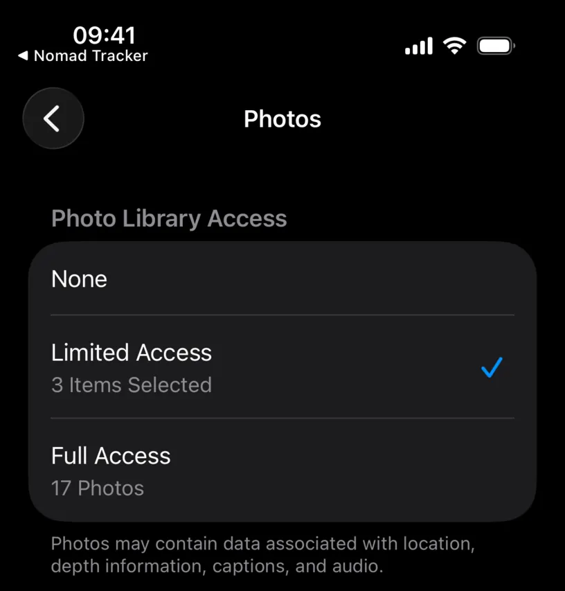 The Photo Library Access screen with None, Limited Access showing 3 Items Selected, and Full Access showing 17 Photos