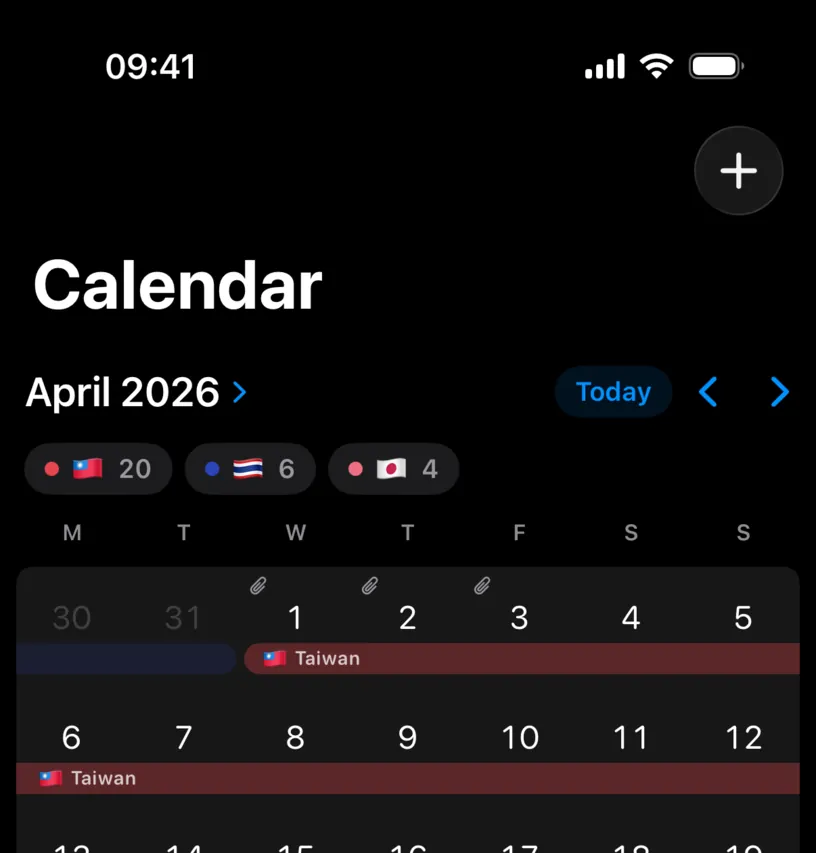The April 2026 calendar with small paperclips above days 1, 2 and 3