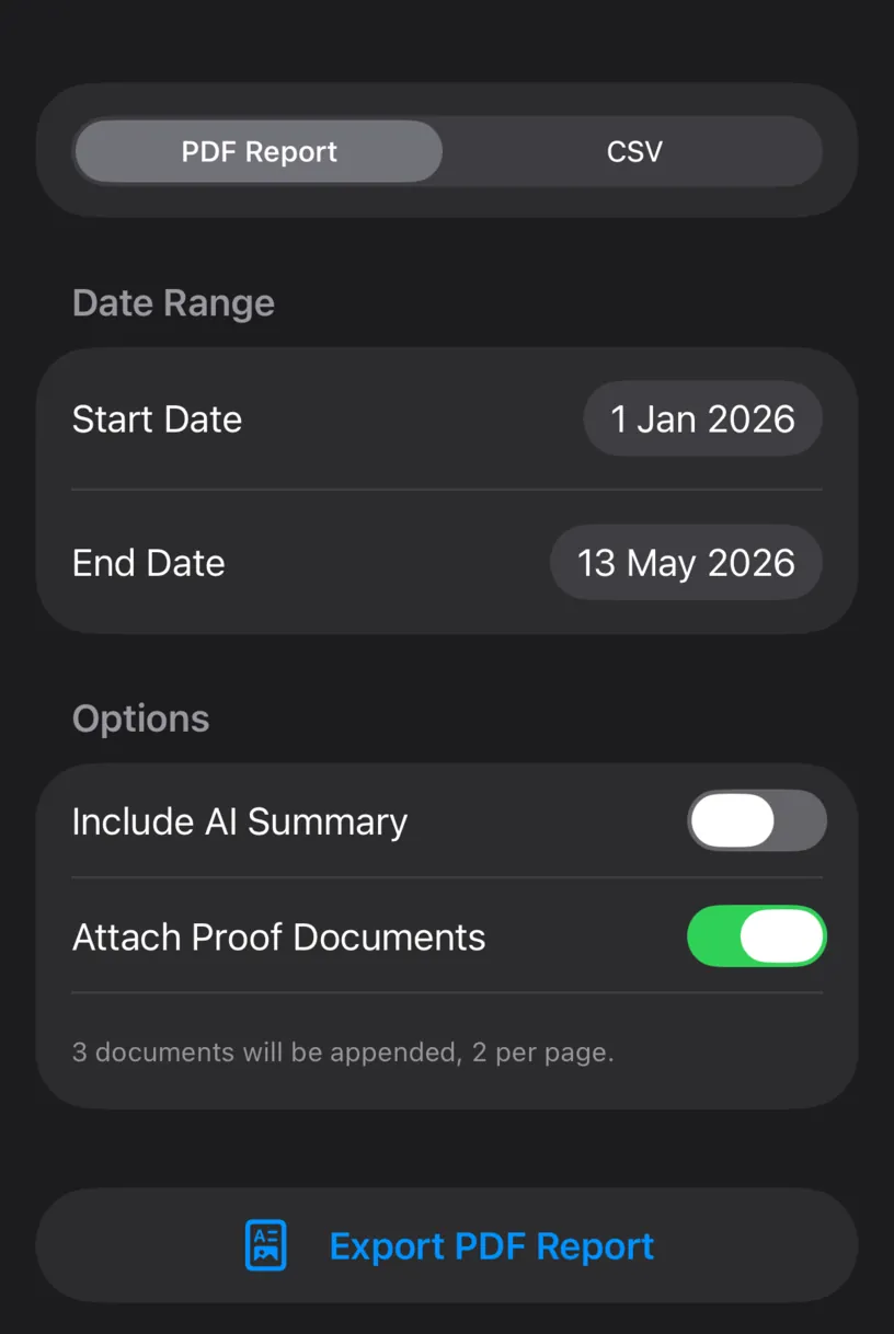 The Export Data sheet with the range 1 Jan 2026 to 13 May 2026, Include AI Summary off, Attach Proof Documents on, and a line reading 3 documents will be appended, 2 per page