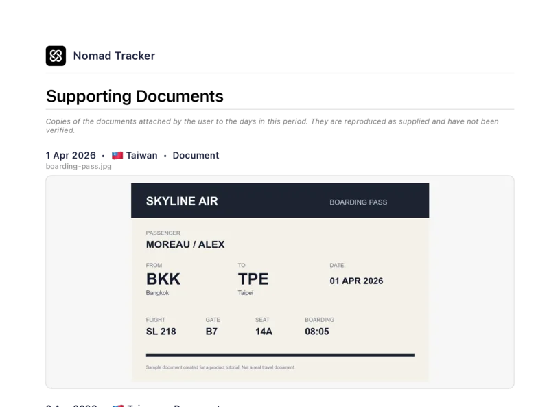 Page four of the report, headed Supporting Documents, listing 1 Apr 2026, Taiwan, Document, the file name and the boarding pass itself