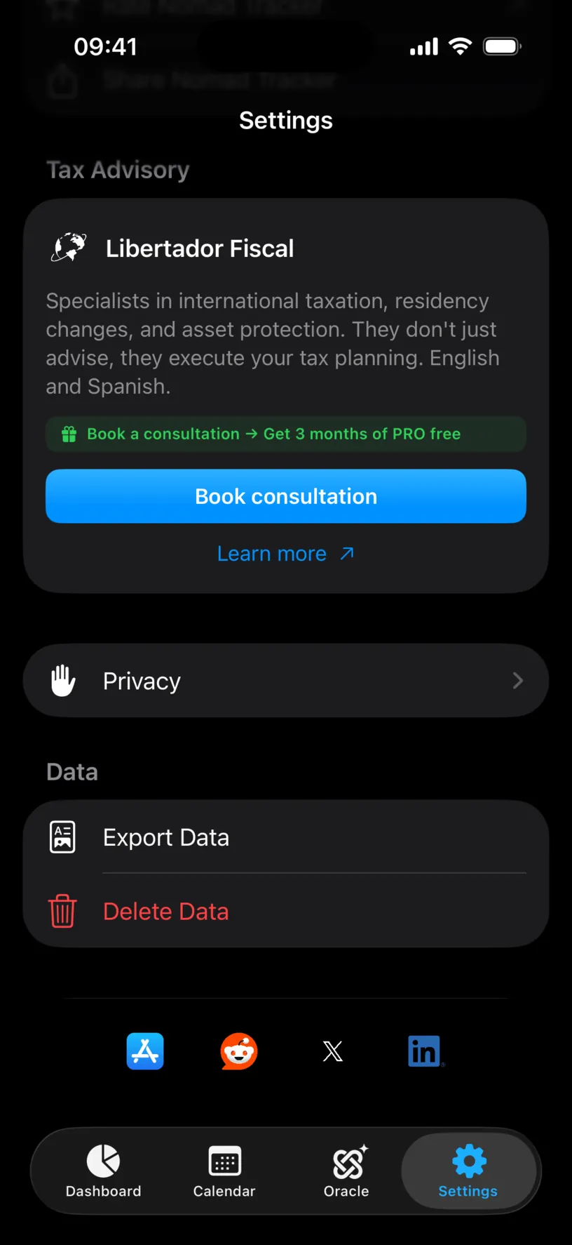 The Settings list with a Privacy row above a Data group holding Export Data and Delete Data