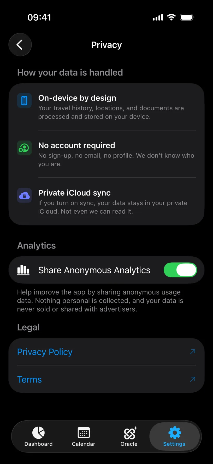 The Privacy screen, with On-device by design, No account required and Private iCloud sync above an Analytics switch and Legal links