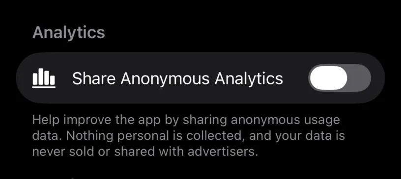 The Analytics section with the Share Anonymous Analytics switch turned off, above its explanatory footer