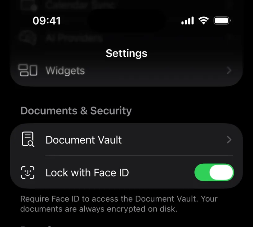 The Lock with Face ID switch turned on in the Documents and Security section