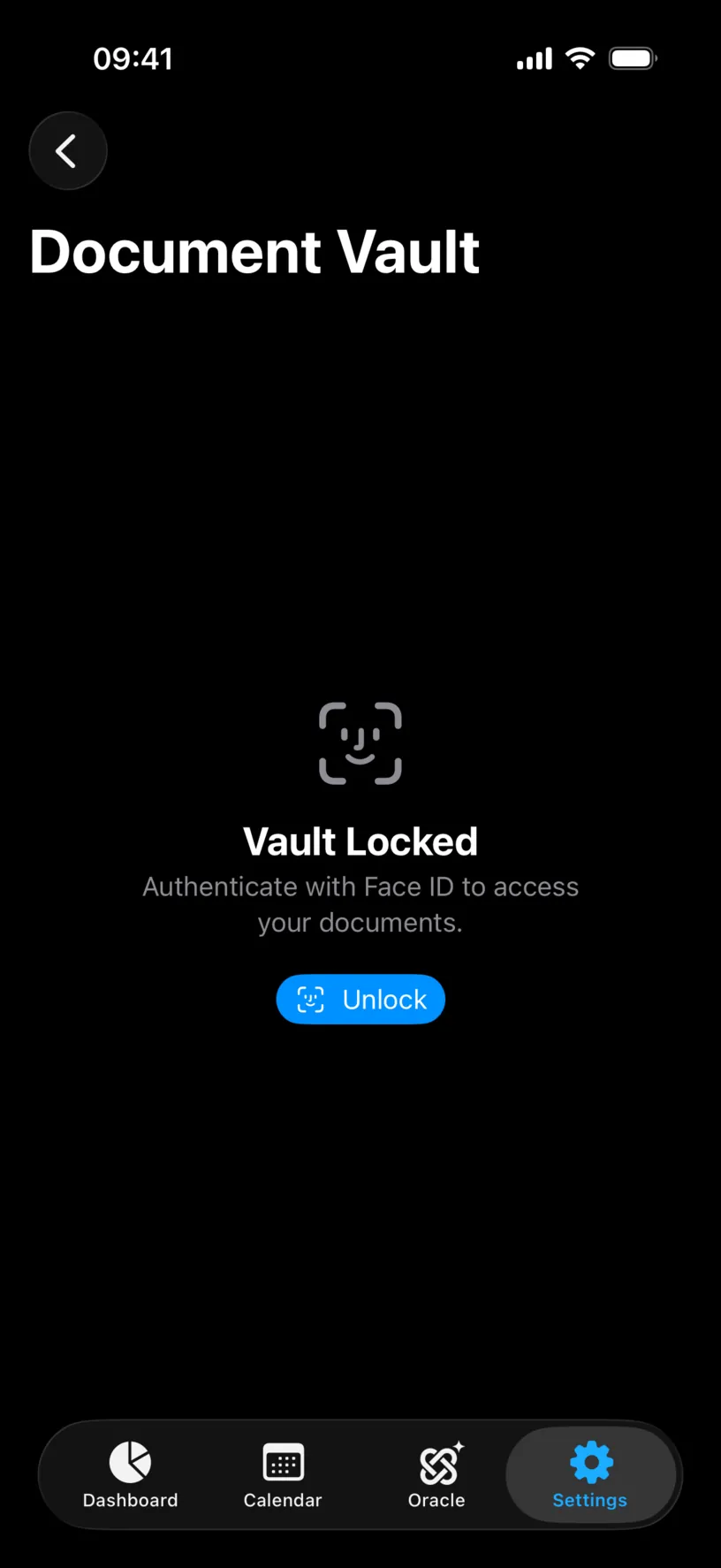 The locked vault, reading Vault Locked with an instruction to authenticate with Face ID and an Unlock button